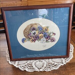 Floral Needlepoint Art in Wooden Frame